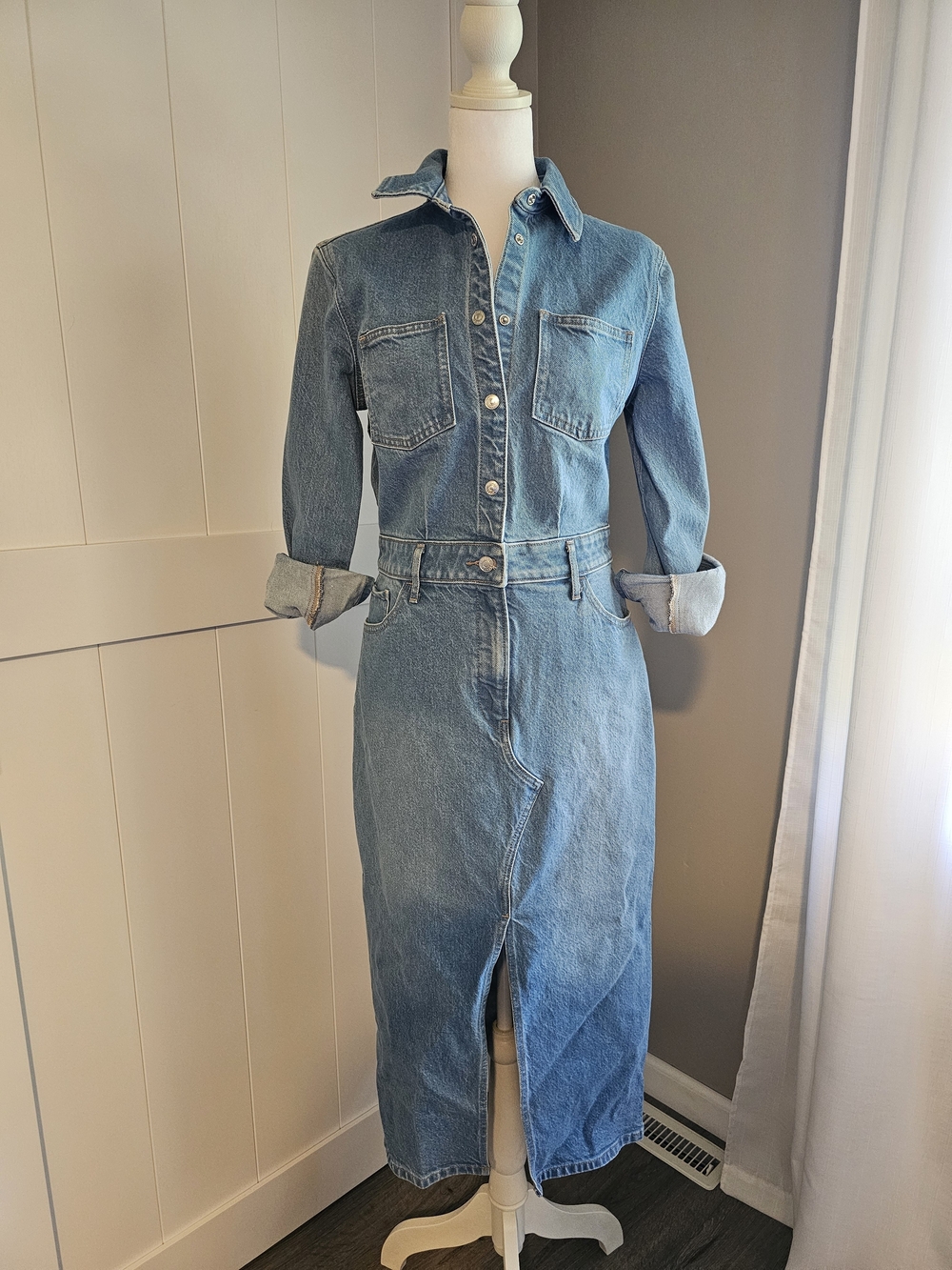 Express Light Blue Denim Button-Front Midi Dress